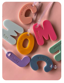 Personalised silicone name tags in pastel colours