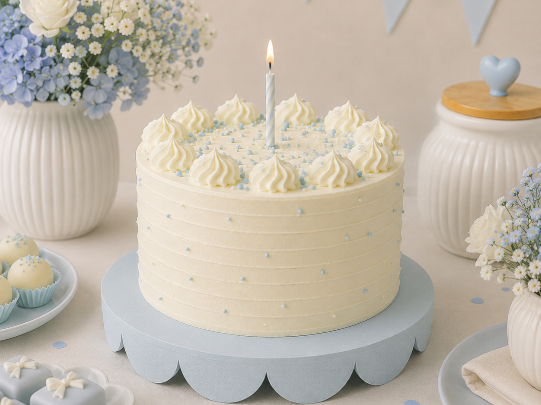 Pastel blue and cream birthday cake with piped buttercream and sprinkles on a scalloped cake stand