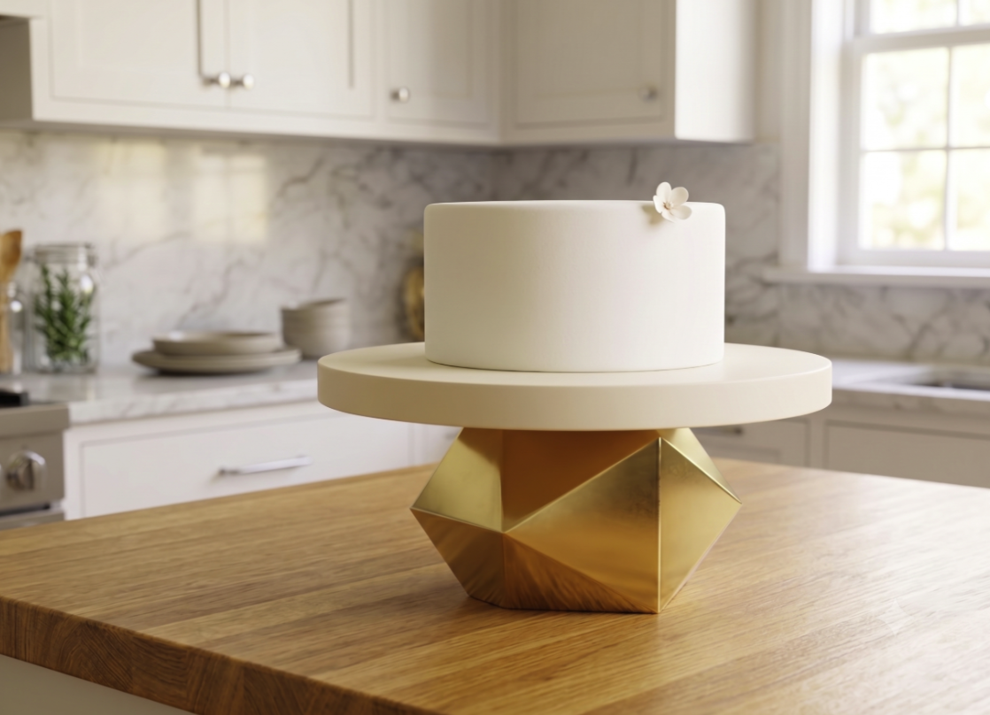 Minimal white cake on a sculptural gold geometric stand