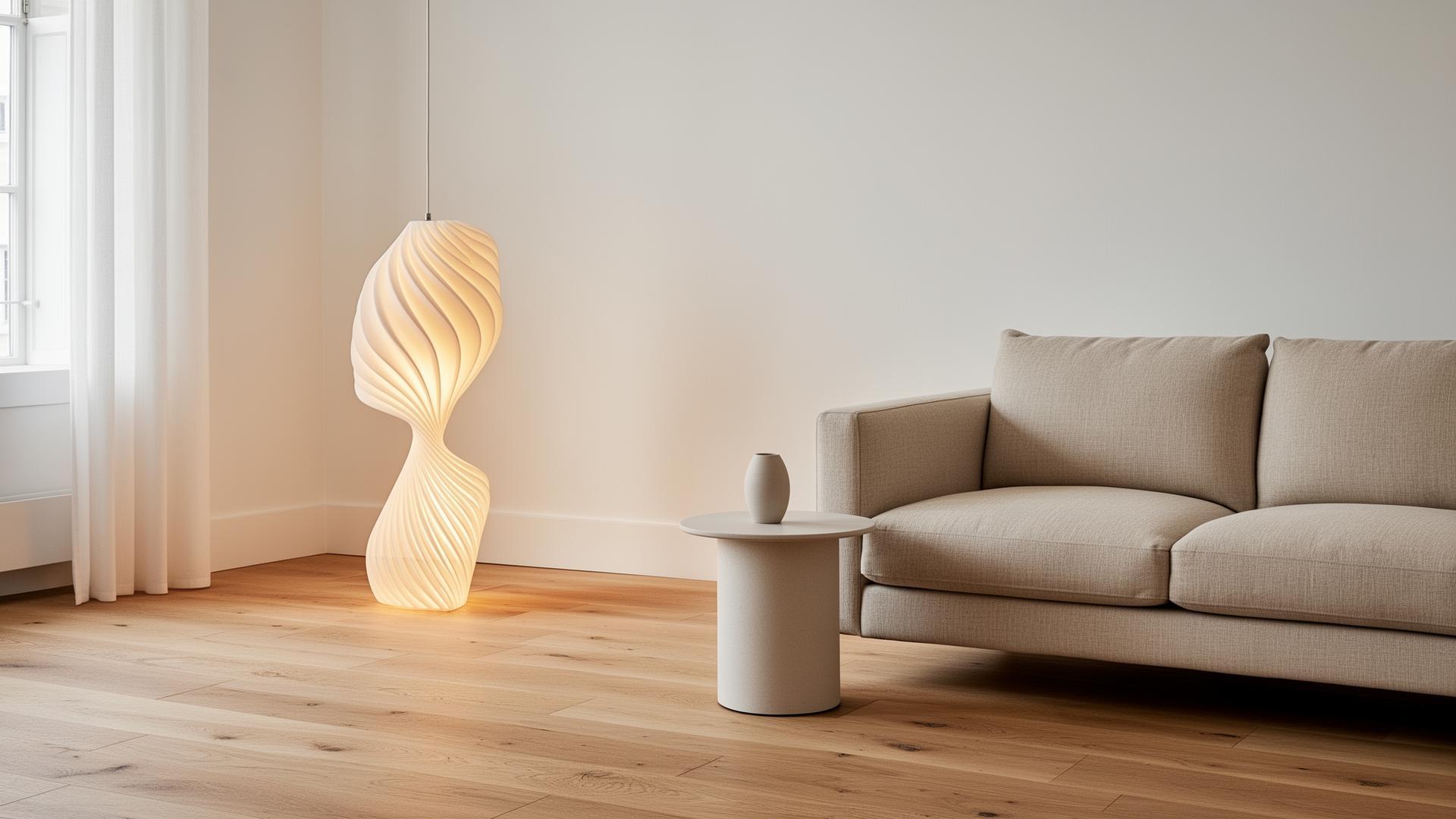Sculptural 3D-printed lamp in a serene Scandinavian interior
